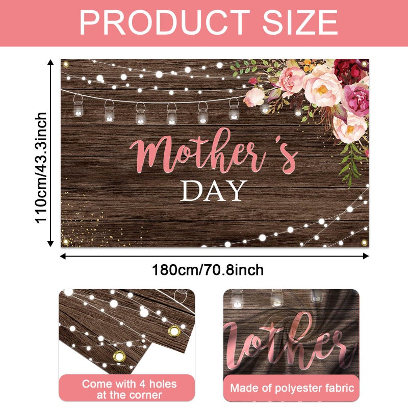 Mocsicka Mother's Day Backdrop Banner Thanks Mother Mom's Day Party Banner Rustic Wood Floral Mother's Day Background Mother's Gift Wall Decoration Banner - Image 5